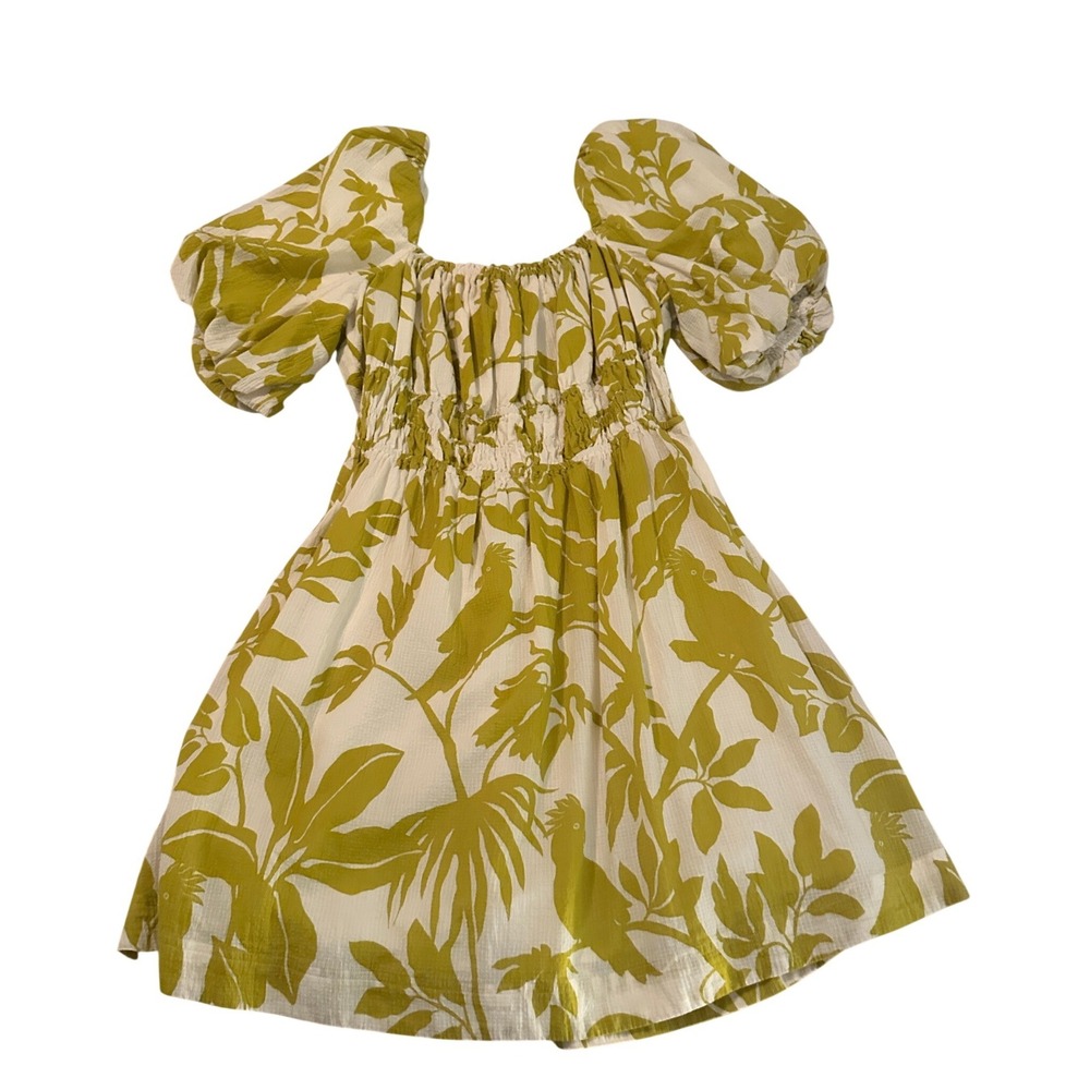 Maeve Anthropologie Green Feliciana Tropical Print Puff Sleeve Smocked Dress XL